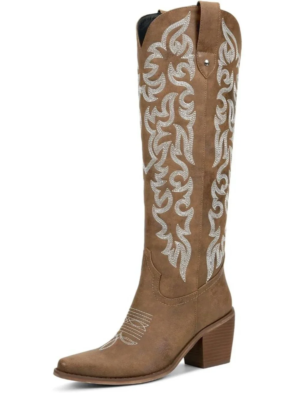 Women's Brown Knee High Cowboy Boots Chunky Heel Leather Chunky Heel Pull